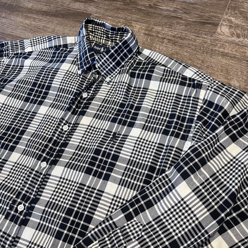 VTG Ralph Lauren Blaire Shirt L Black White Plaid Cotton Button Down Long Sleeve